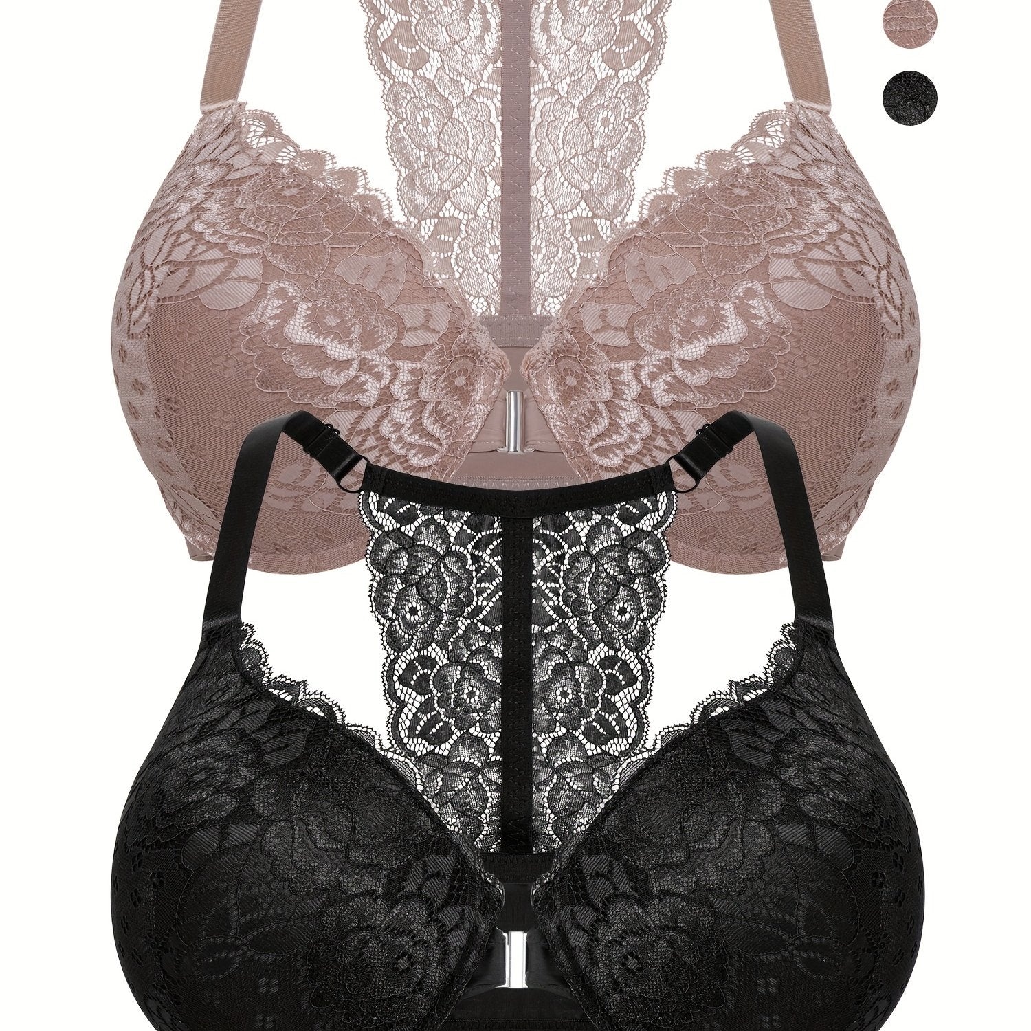 Sujetadores de encaje con cierre frontal para tallas grandes para mujeres con diseño de espalda de corredor, soporte con aros, ligeramente acolchados, encaje floral