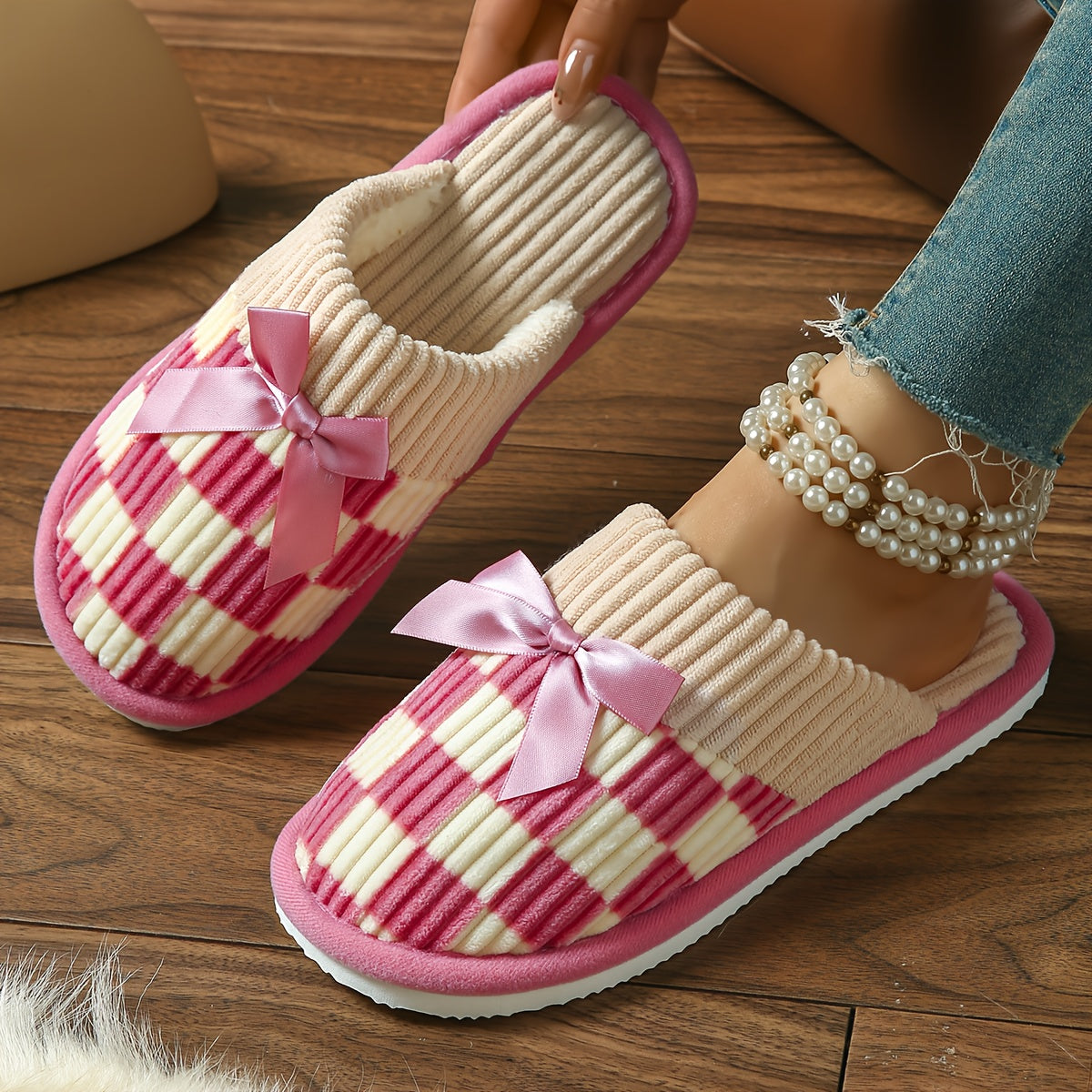 Unisex Checkered Knit Slip-On Slippers with Bow Indoor Comfort