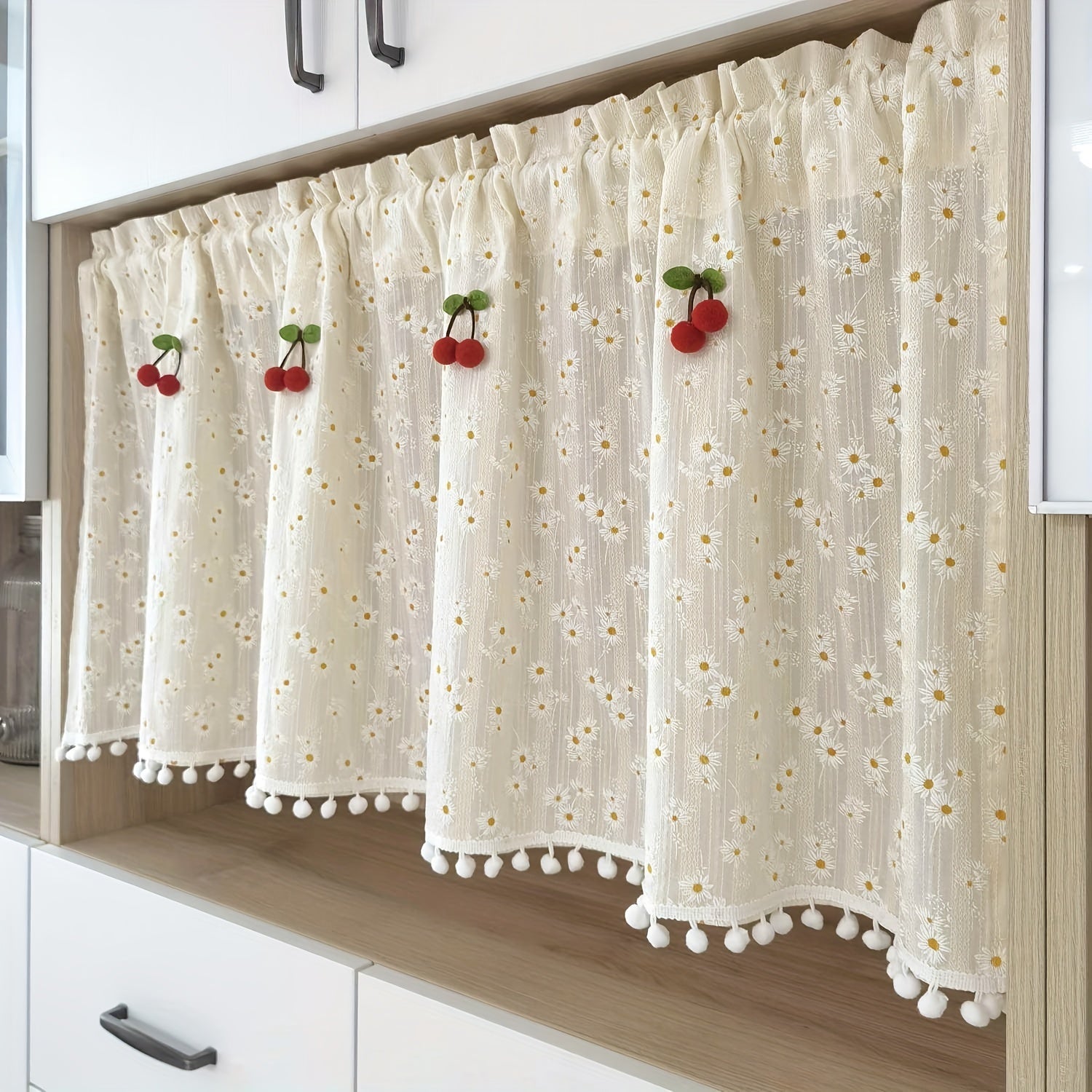 Country Chic Red Daisies and Cherries Curtains with Rod Pocket for Kitchen and Porch