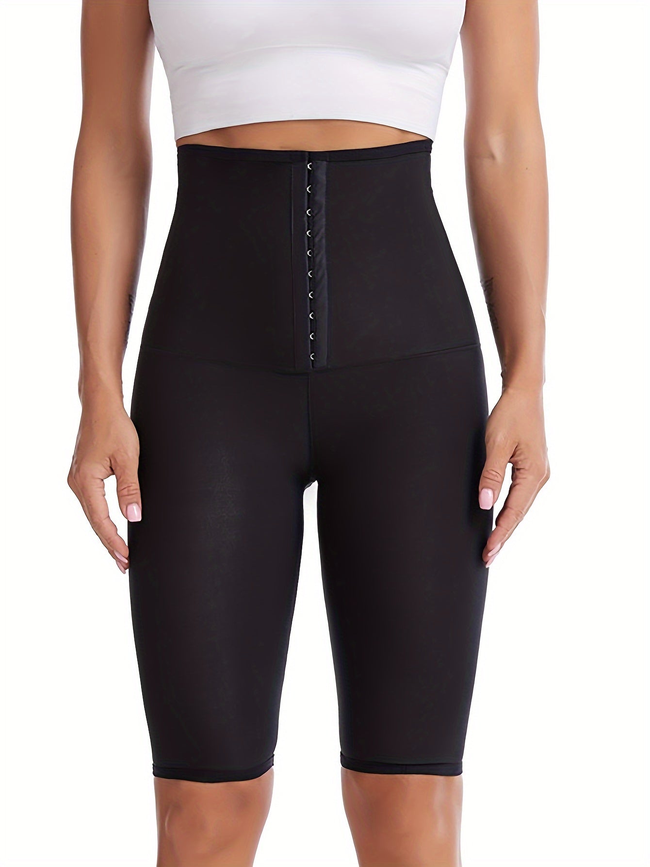 Women's High-Waisted Sauna Sweat Shorts Tummy Control Slimming Workout Leggings Black Polyester Elastane