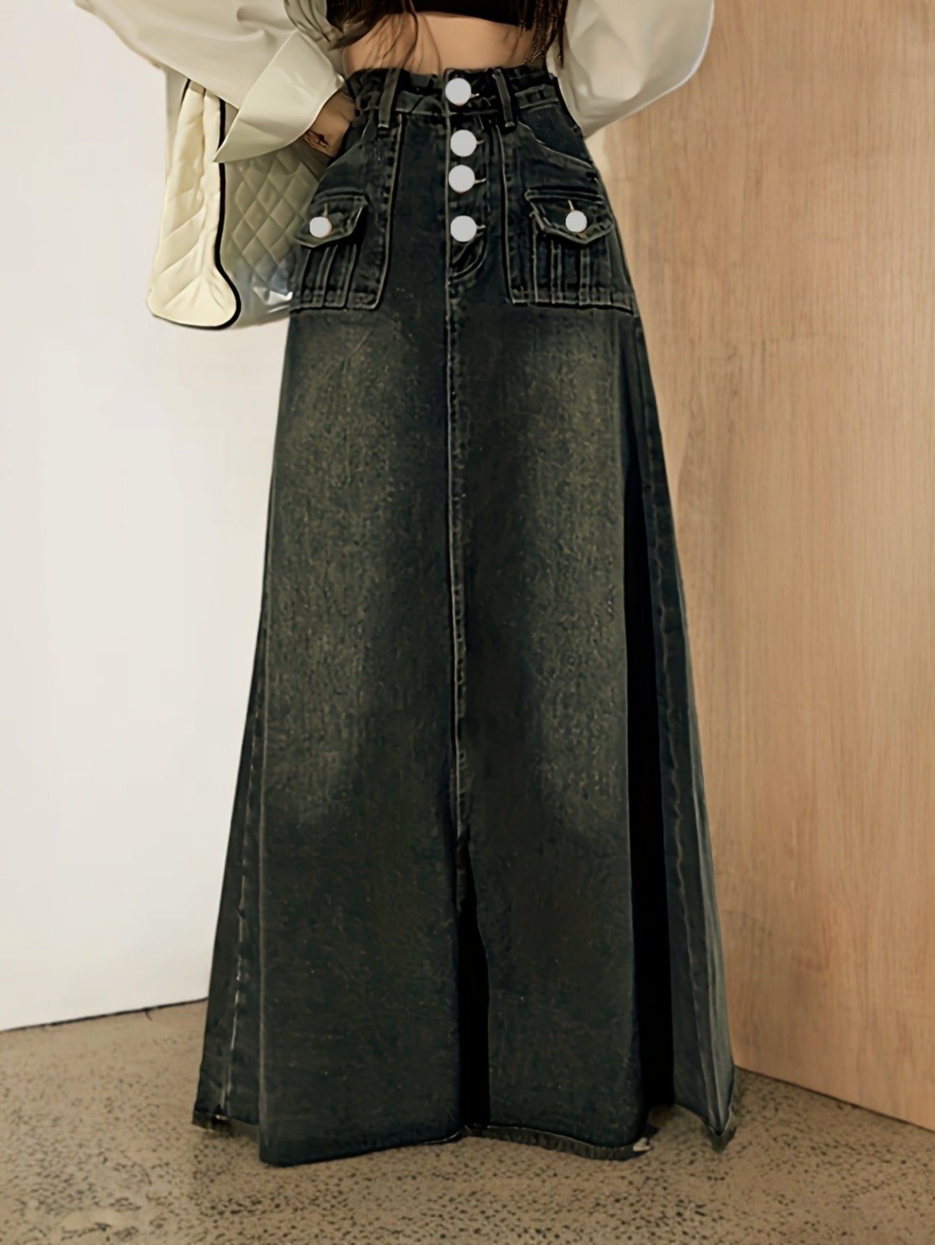 Women Denim Midi Skirt High-Waist Button Frayed Hem Casual Spring Summer Fall