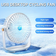 Mini Desktop Fan with Night Light, USB Rechargeable, 5-Speed Settings