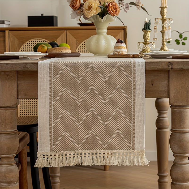 Beige Striped Polyester Table Runner with Fringe Tassels for Home and Event Decor