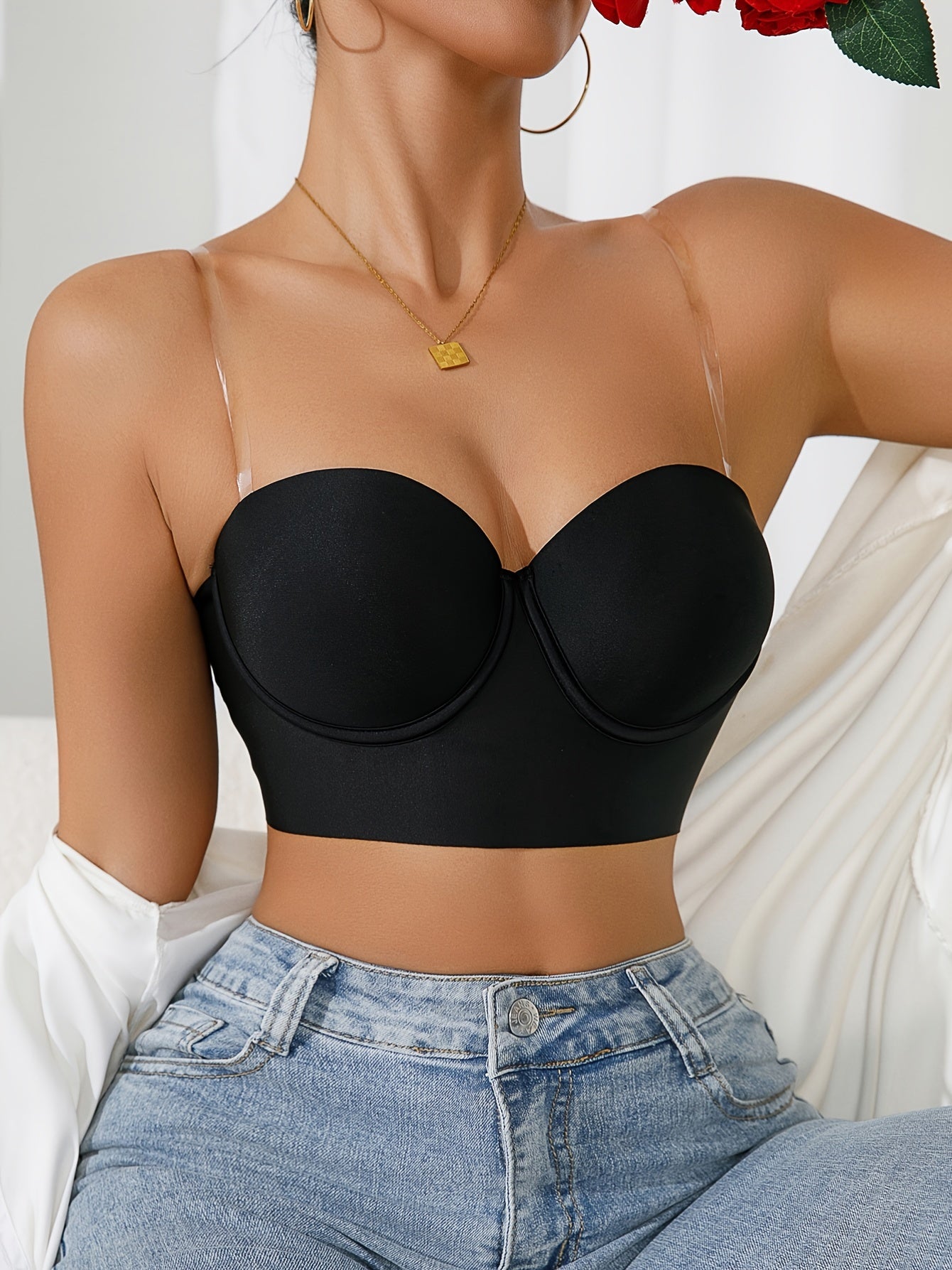Qora Push-Up Bra shaffof kamarlar bilan, underwire qo'llab-quvvatlash, olib tashlanmaydigan padlar bilan