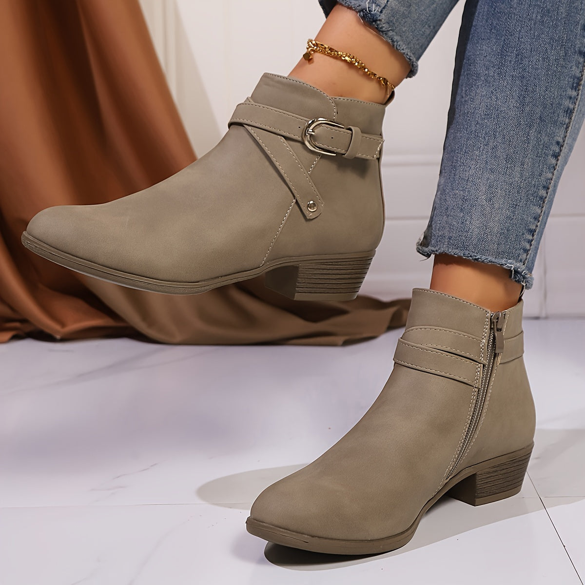 Women's Nude Short Ankle Boots Low Heel Side Zipper