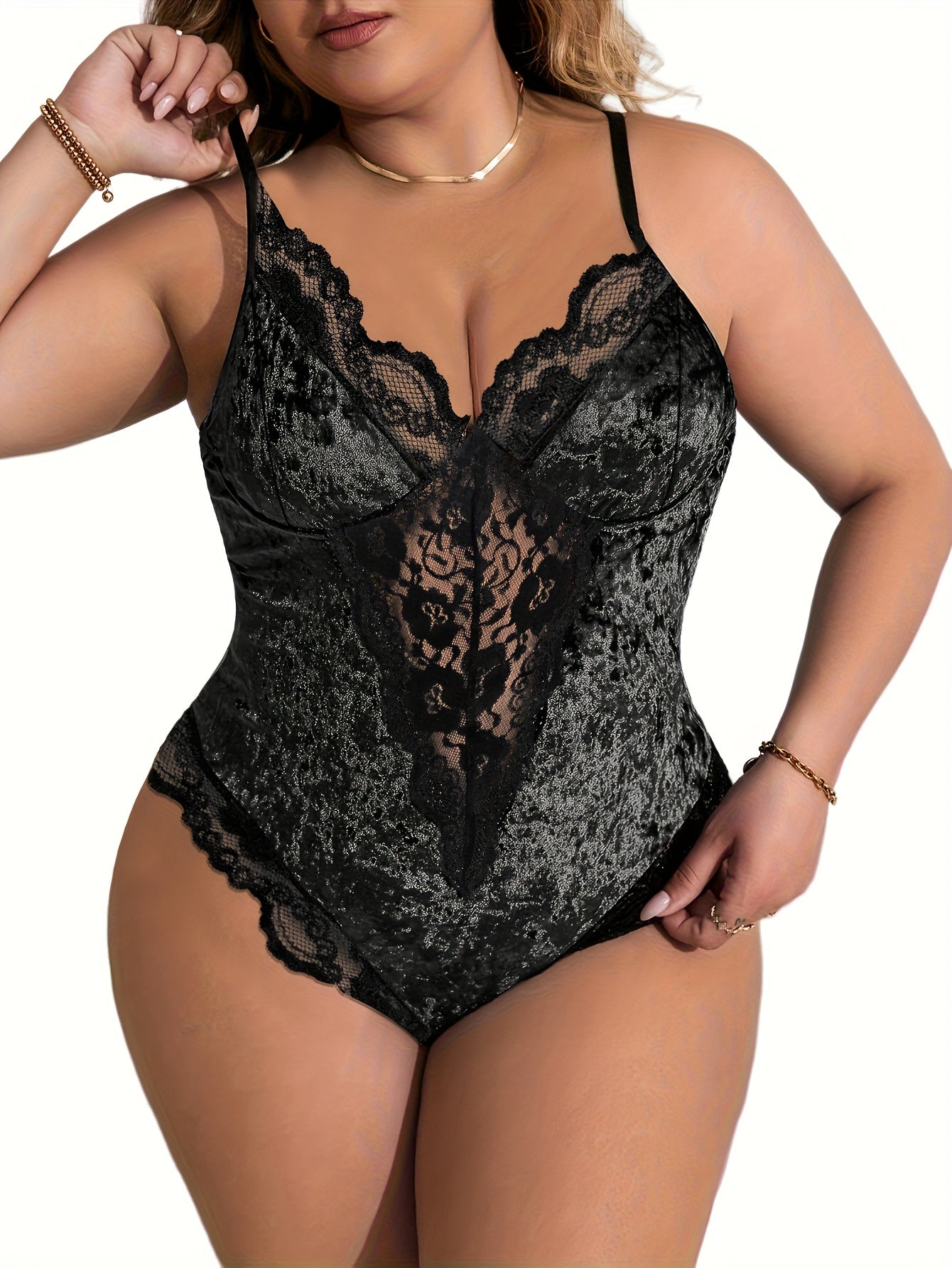 Боди из голубого бархата больших размеров с кружевом и боковой молнией для женщин