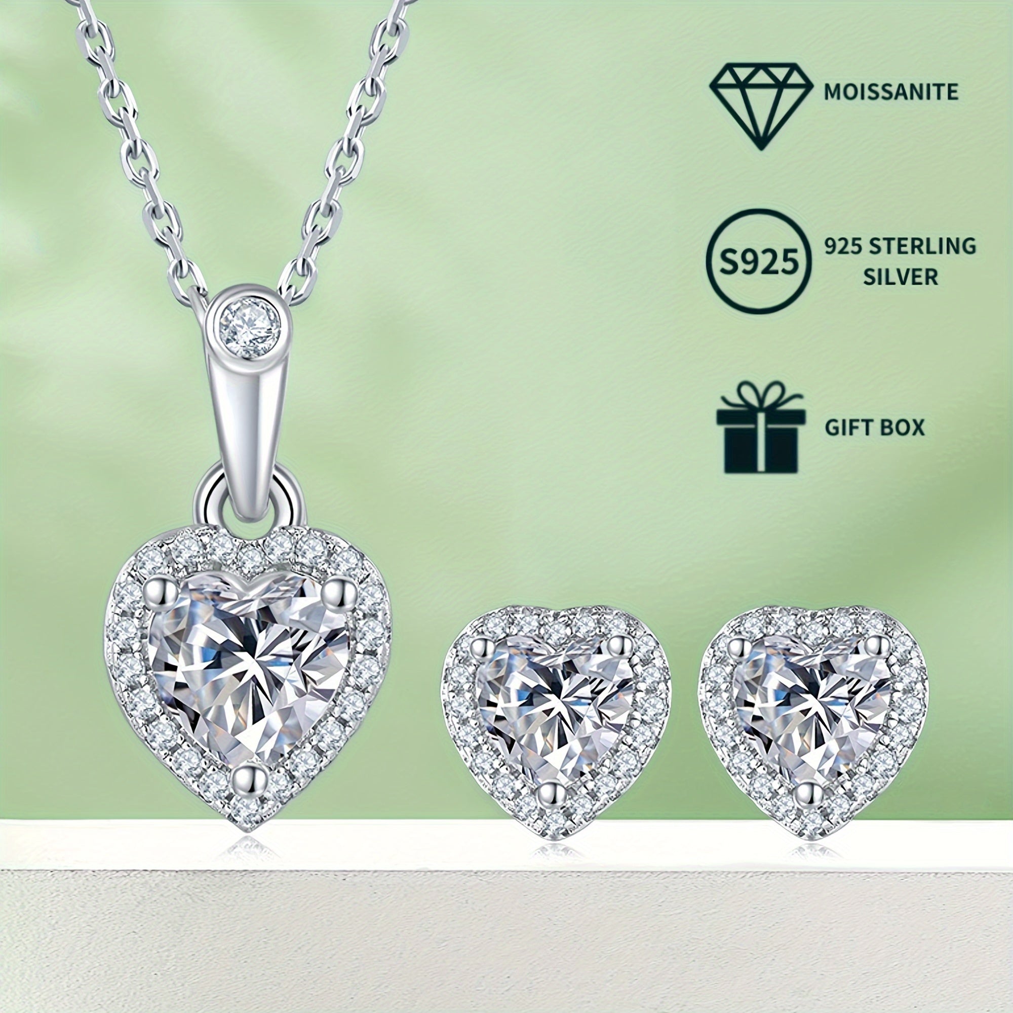 Women's Jewelry Set with Heart-Shaped Silver Earrings and Moissanite Necklace