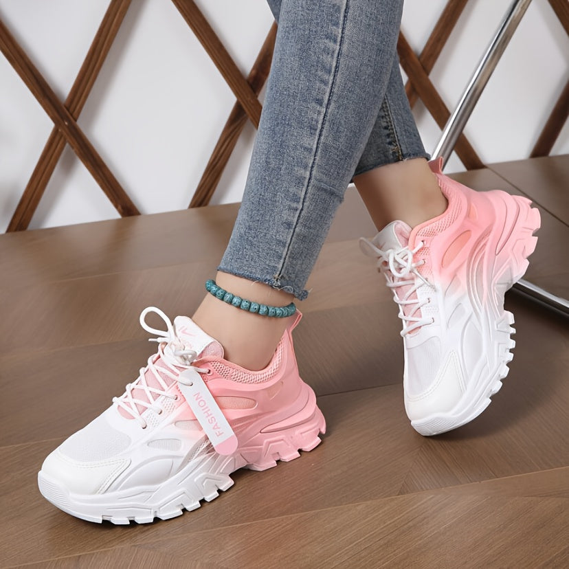 Women's Gradient Chunky Sneakers Low Top Lace-Up Running Shoes All-Season
