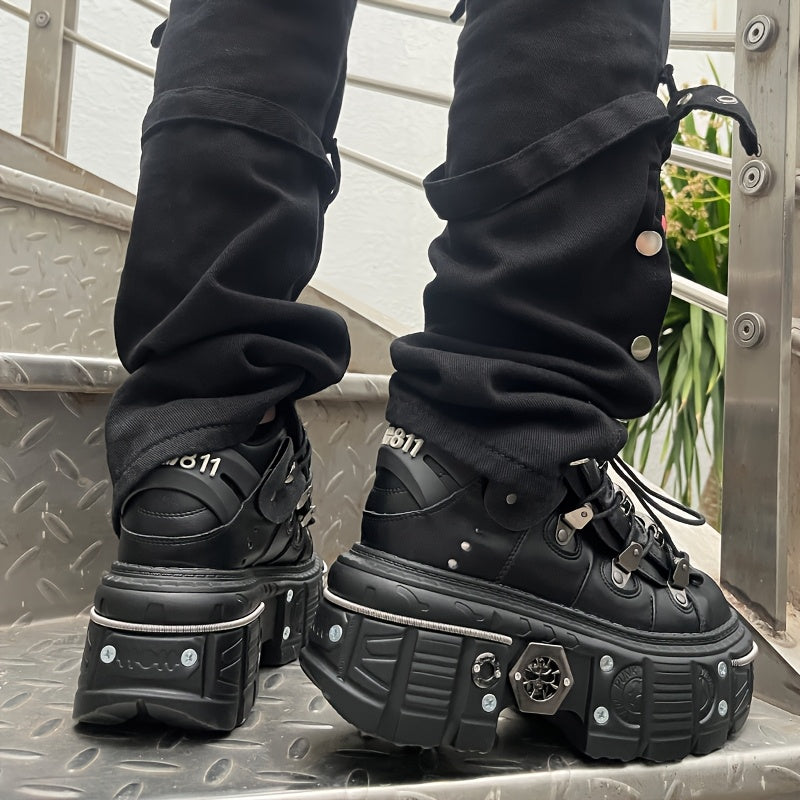 Women's Black Platform Ankle Boots Round Toe High Heel Sneakers