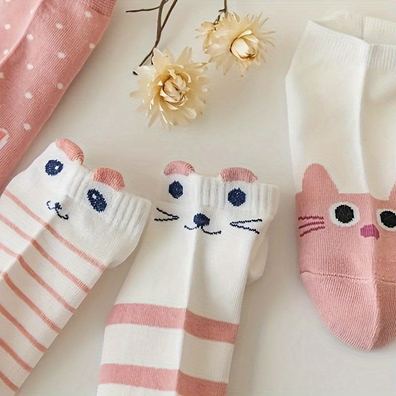 Women’s Ankle Socks 5 Pairs Cartoon Cat Print Soft Comfortable Knit Fabric