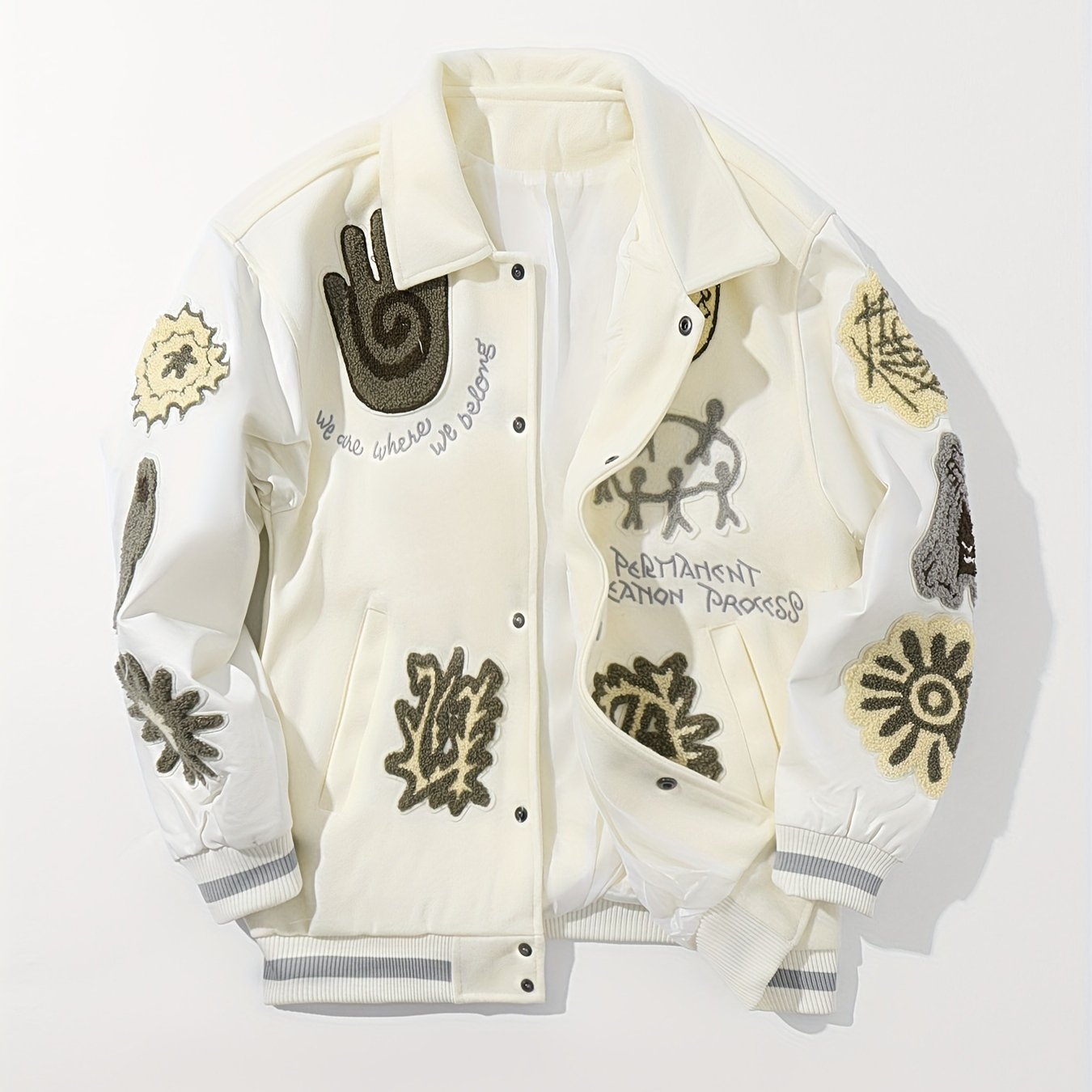 Men's Striped Loose Fit Jacket with Embroidery Pockets Lapel for Fall Winter Outdoor Wear