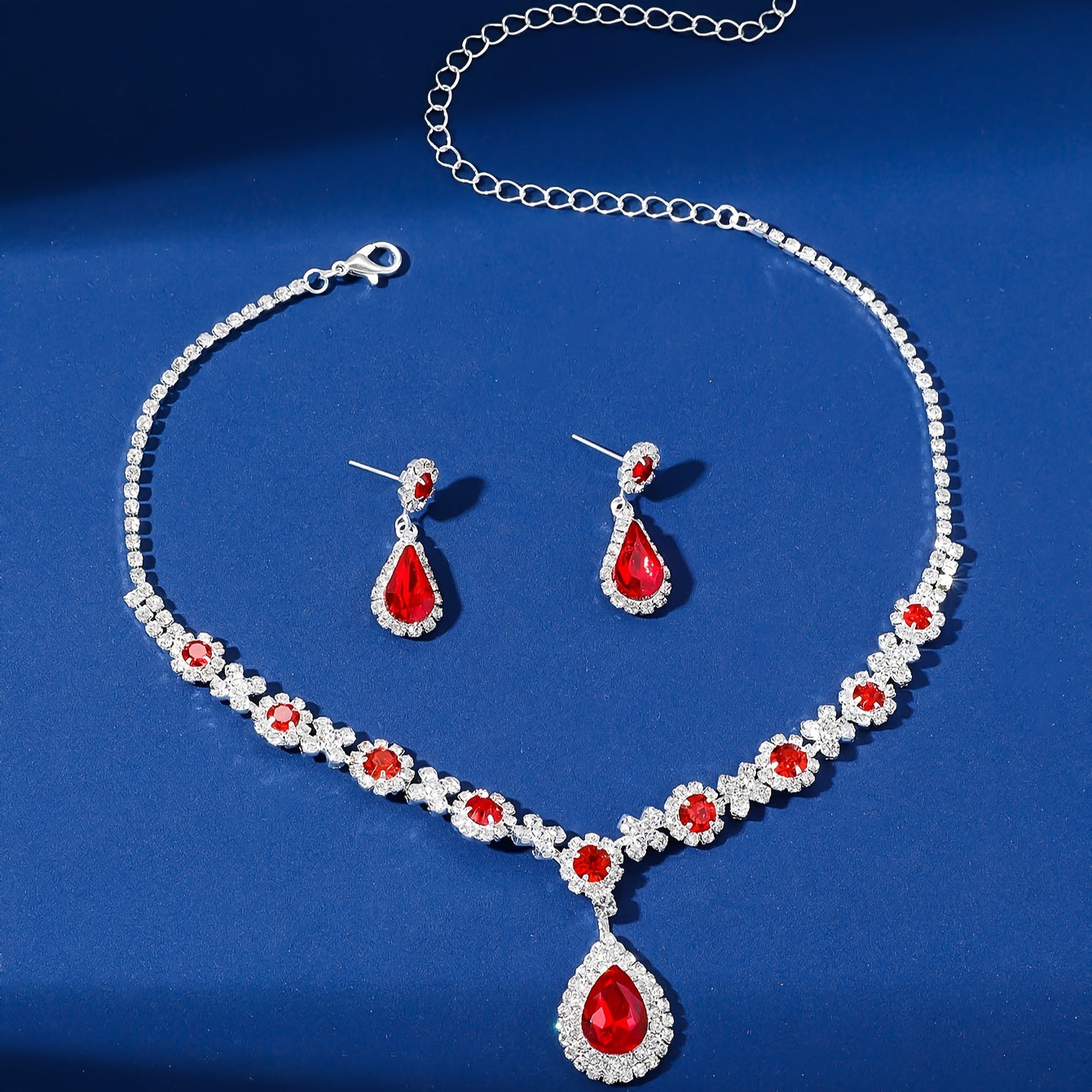Silver Plated Jewelry Set for Women Red Rhinestone Flower Teardrop Pendant for Parties