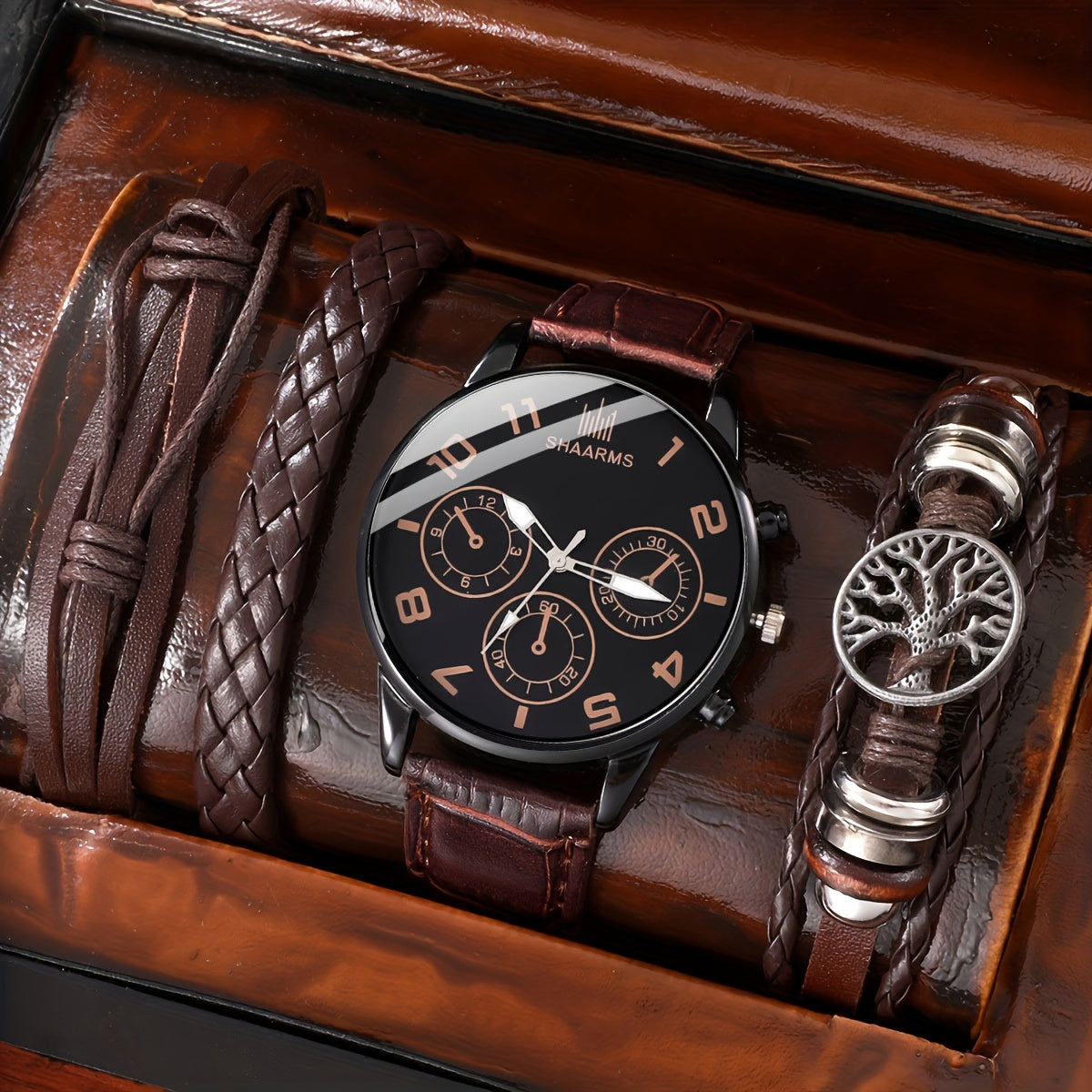 4-qismli to'plam, Erkaklar uchun minimalist va zamonaviy kichik diali kvarts soat va bilaguzuk to'plami, uning uchun mukammal sovg'a.