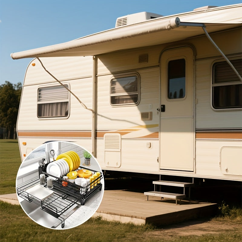 Stainless Steel Dish Drying Rack with Utensil Holder Adjustable Drain Spout Space-Saving Black Kitchen Sink Organizer