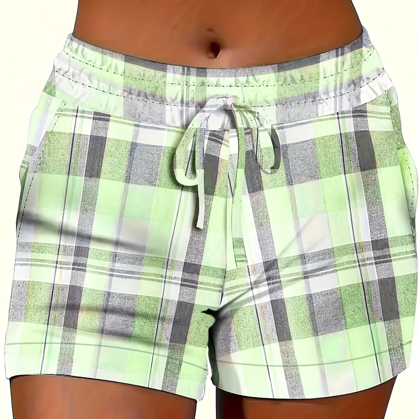 Plus Size Women Casual Summer Plaid Drawstring Shorts