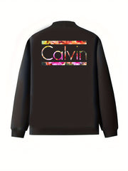 Women's Black Plus Size Jacket with Back Lettering, All-Season Zip-Up Coat