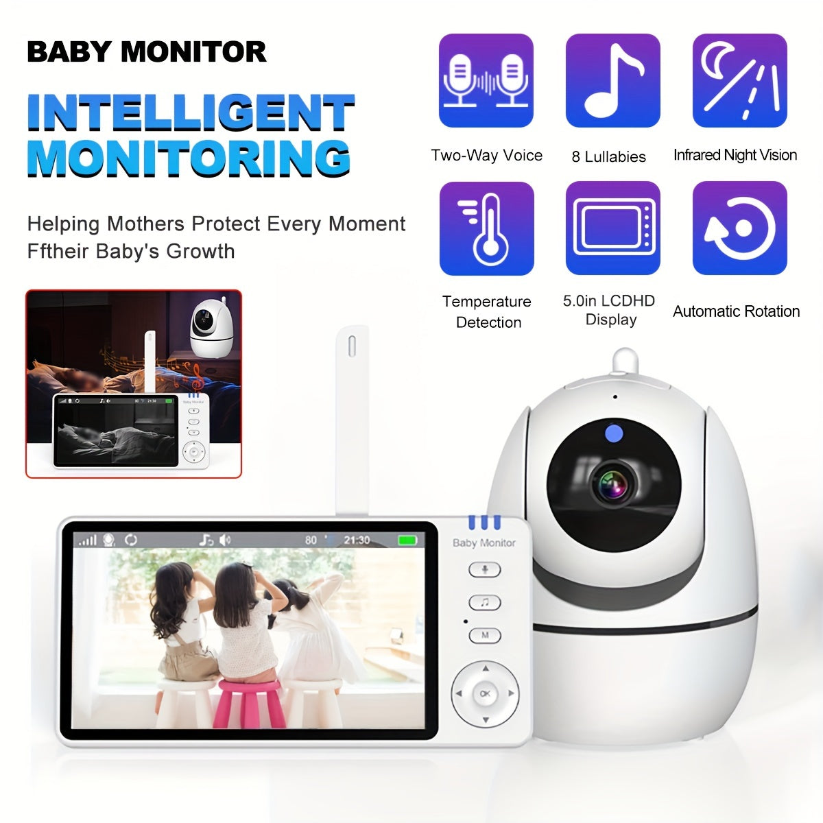 Nopesh HD Умная Монитор Камера с Инфракрасным Ночным Видением, 720p Видео, Двусторонний Аудио, Обнаружение Температуры, Колыбельные, 3500mAh Перезаряжаемая Батарея, Панорамный Наклон Удаленного Управления, Совместимость со Смартфонами - 1шт