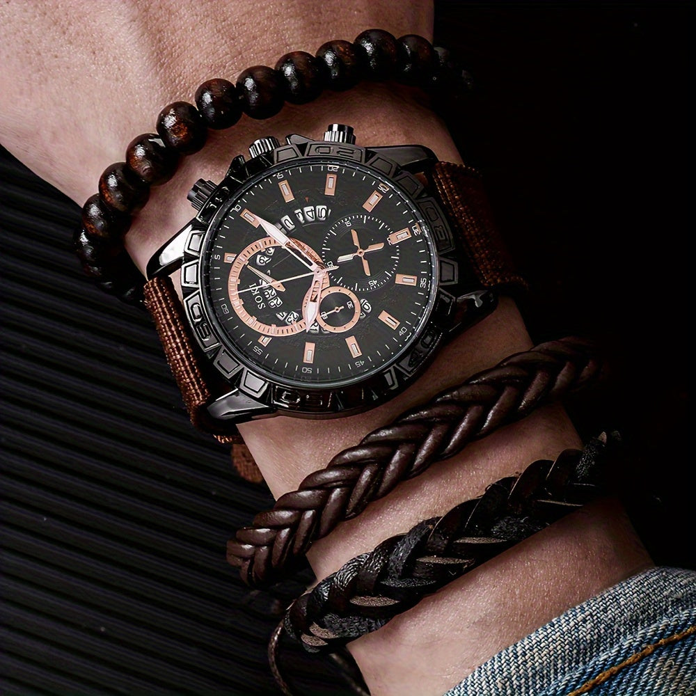 Men's Watch Set Black Nylon Strap Casual Industrial Style Round Dial Quartz Watch with 3 Bracelets