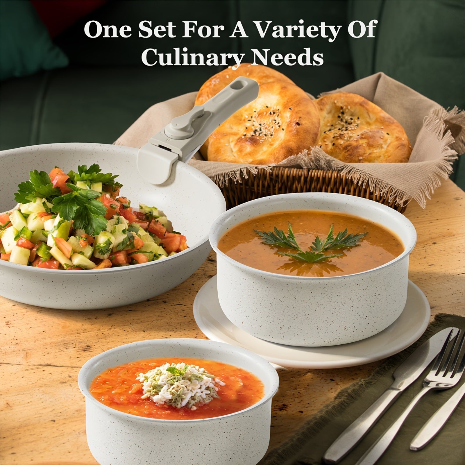 Надежные кухонные принадлежности: 12-частный набор белой гранитной антипригарной посуды, изготовленной из нержавеющей стали и совместимой с индукцией. Включает сковороды и кастрюли с съемными ручками для легкой очистки.