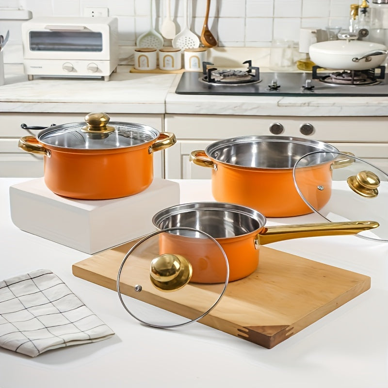 Набор посуды из нержавеющей стали - 1 набор включает сковороду с антипригарным покрытием, кастрюлю и молочник с крышкой - необходимые кухонные принадлежности