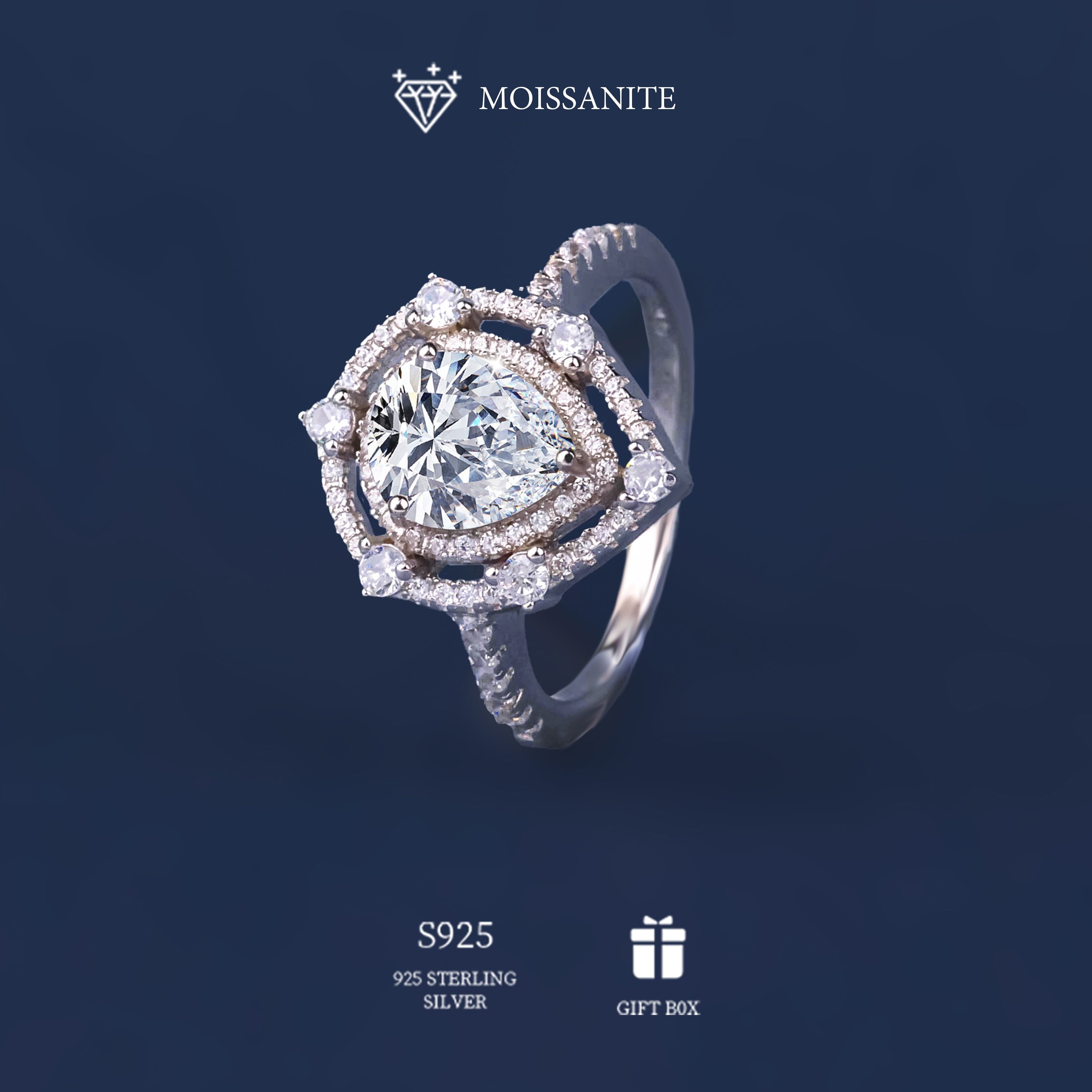 Anillo hipoalergénico de plata de ley con diseño de corazón de moissanita pera de 2ct para mujeres compromiso boda