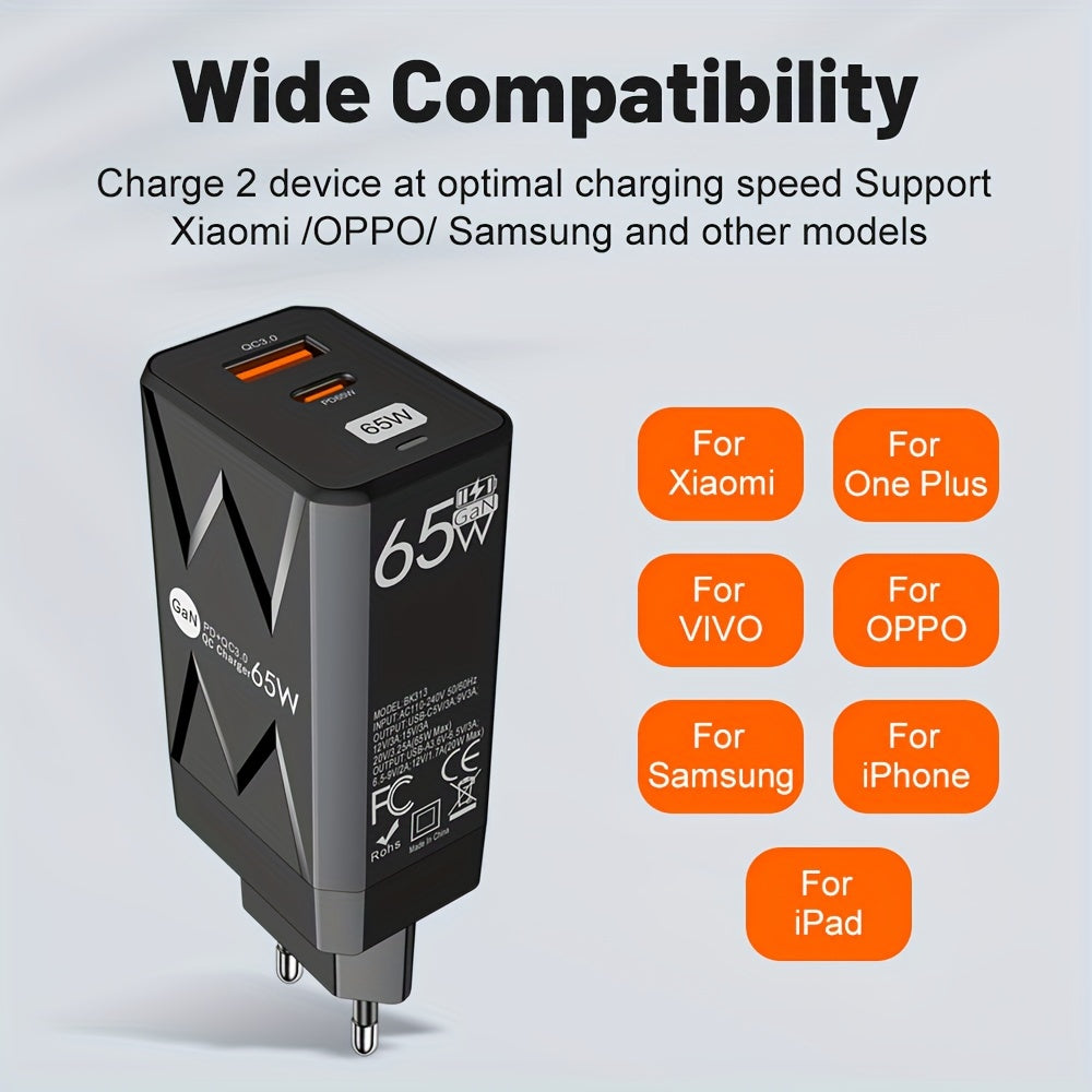 65W PD and 20W USB GaN Wall Charger EU Plug Fast Charging Portable Travel Power Adapter