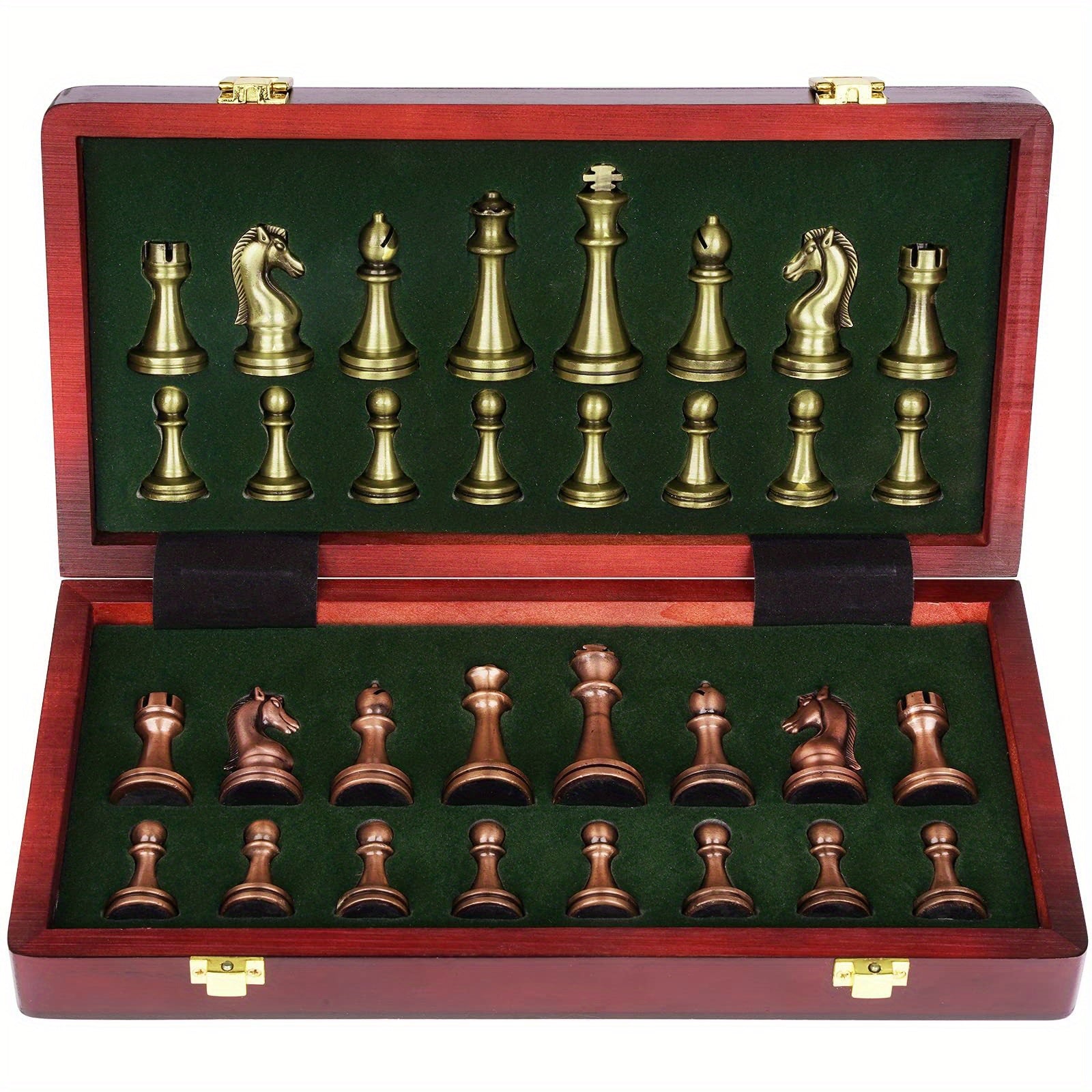 Foldable Chess Set with Zinc Alloy Pieces and Solid Wood Box for Ages 14+