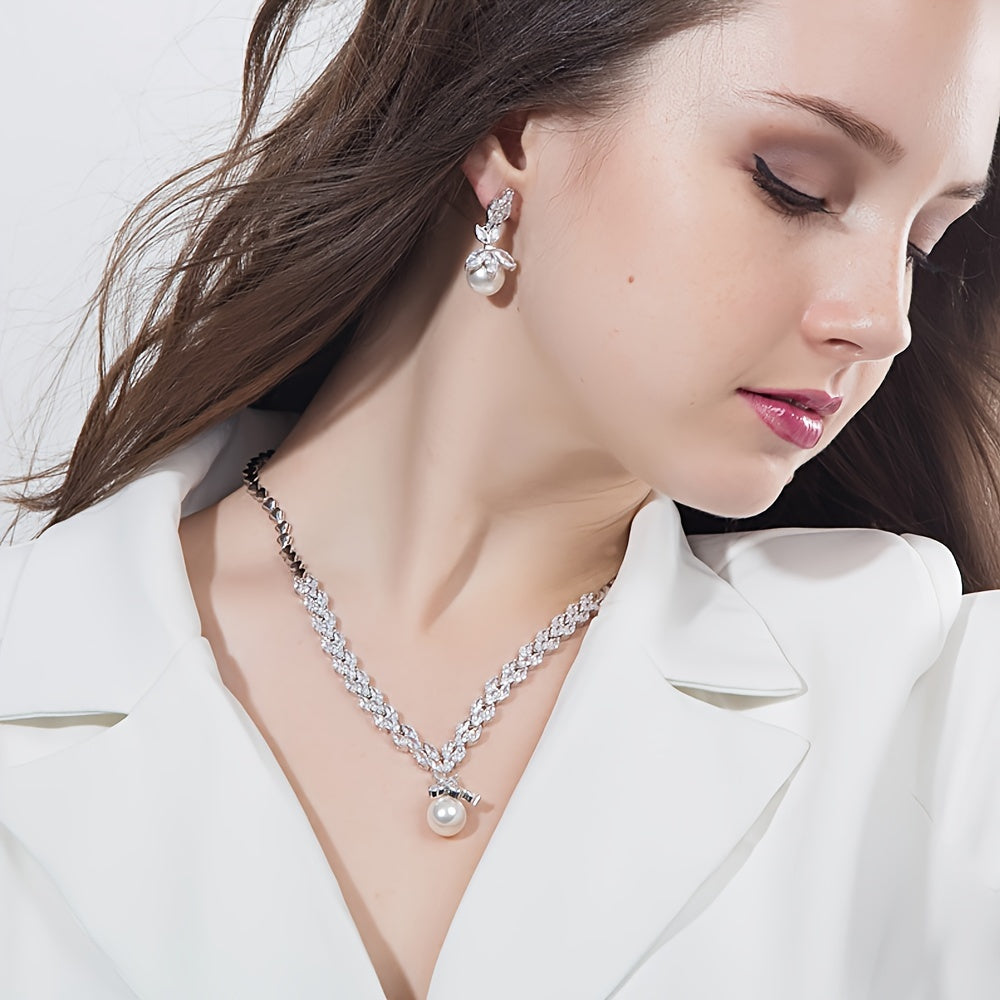 Bridal Jewelry Set with Pearl Pendant Necklace and Earrings Synthetic Cubic Zirconia White