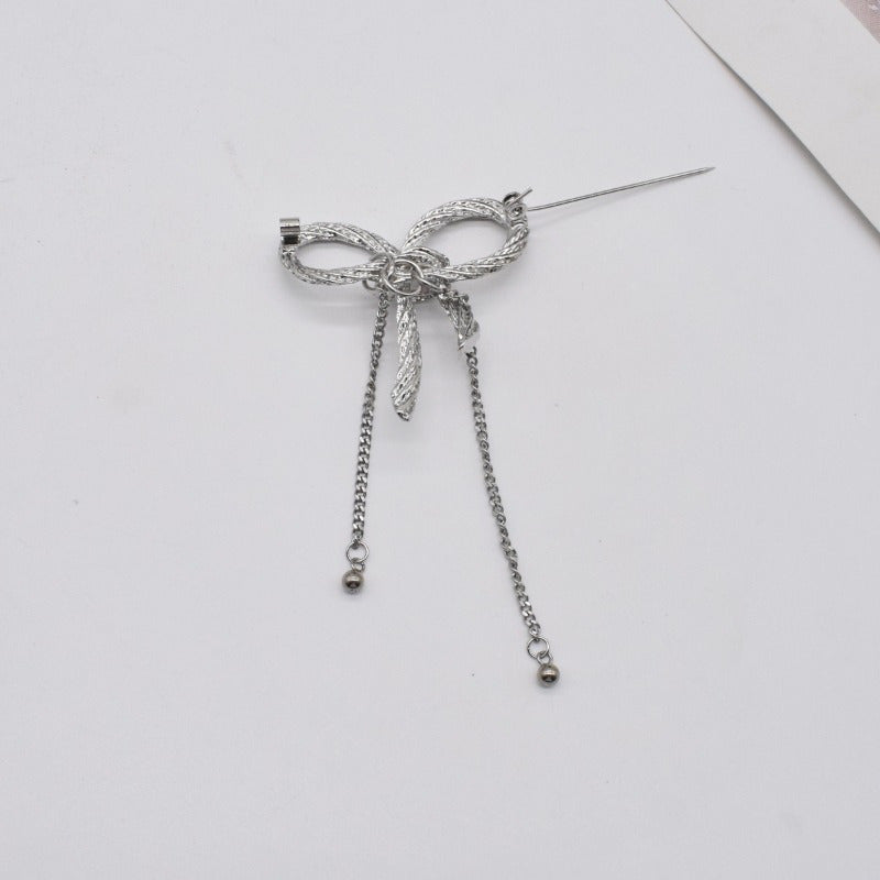 Unisex Enamel Bow Ribbon Tassel Chain Brooch Pin Elegant Jewelry
