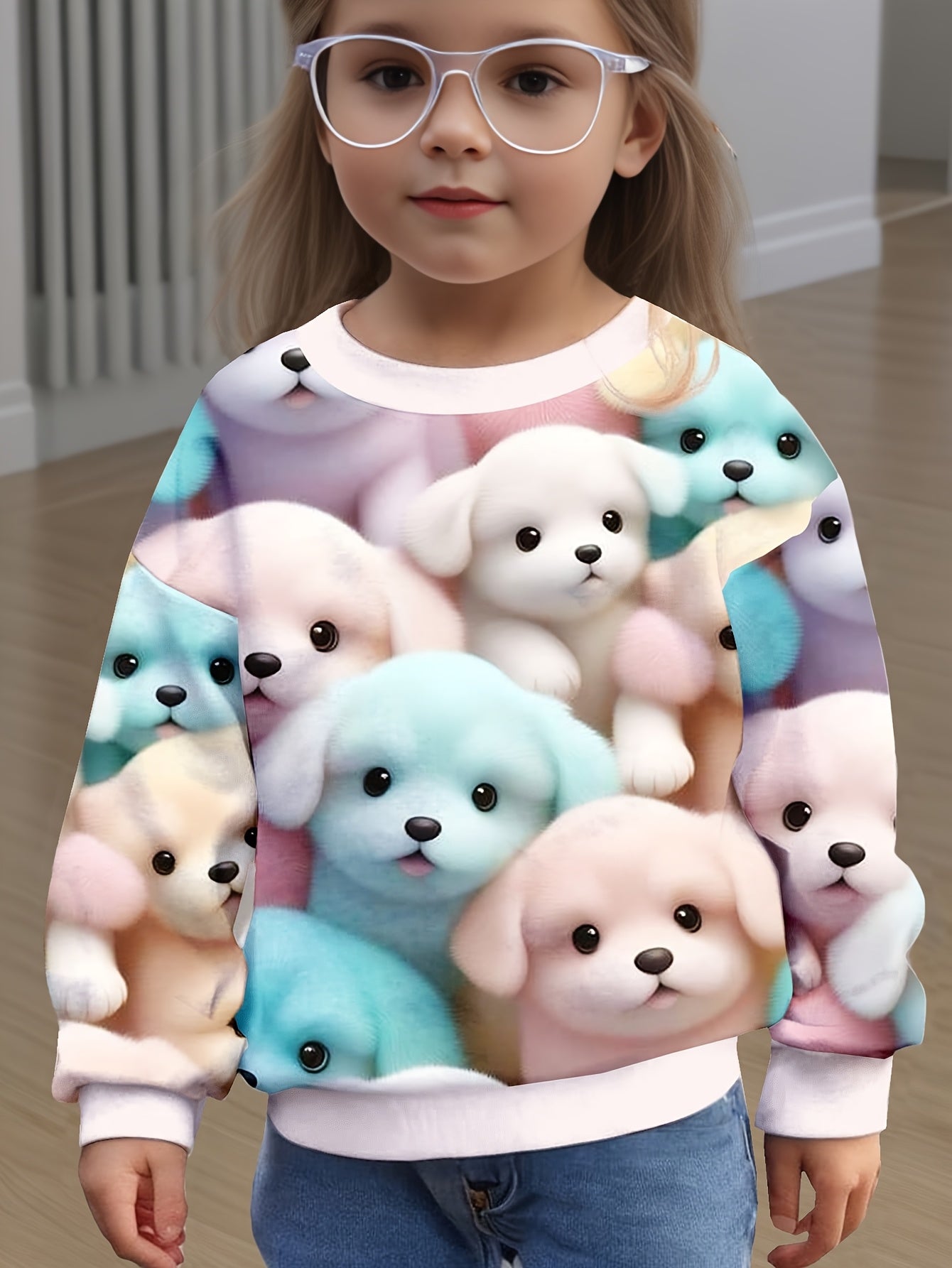 Girls' Long Sleeve Crew Neck T-Shirt with Puppy Print Animal Pattern for Girls 12 and Under