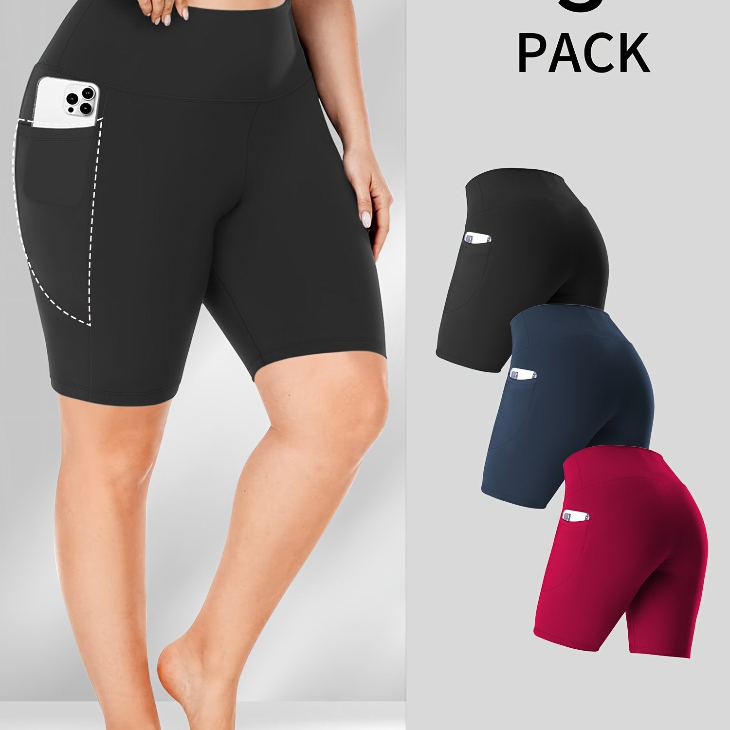 Women's High-Waist Biker Shorts Plus Size Crescent Moon Pockets Stretchy Polyester