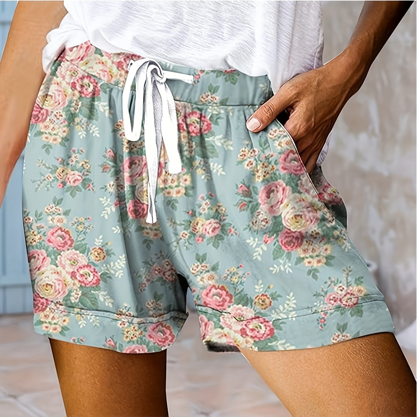 Women's Floral Print Casual Shorts Polyester Knit Drawstring Waist