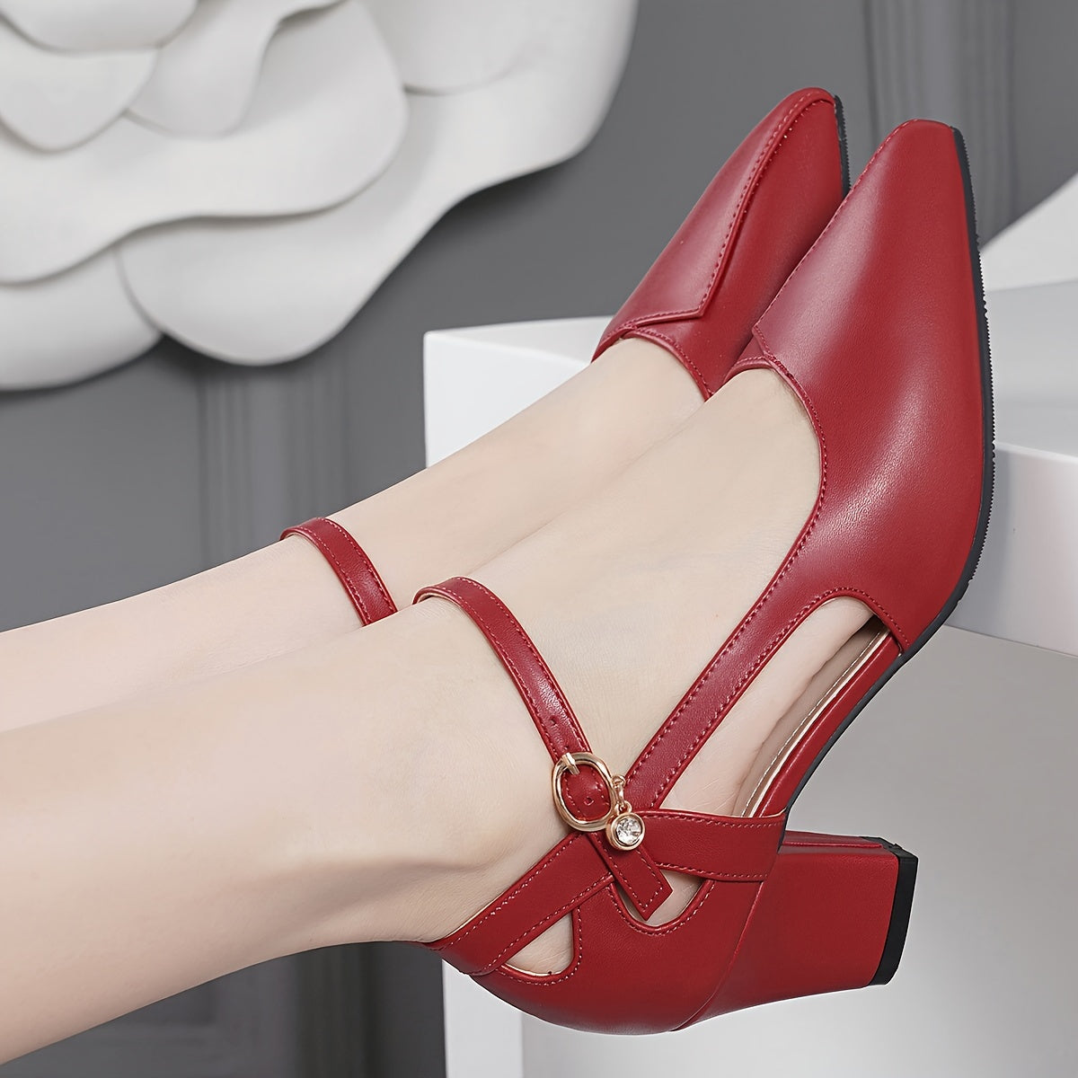 Women's Chunky Heels Pointed Toe Buckle Strap Dress Shoes for Summer