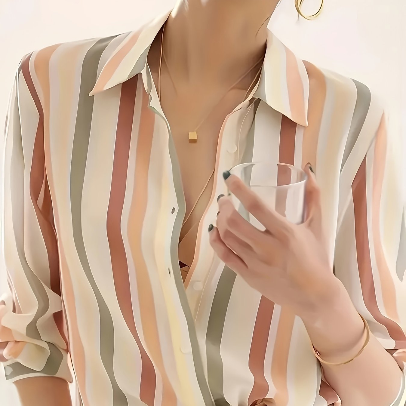 Women's Striped Woven Polyester Shirt with Lapel Collar Long Sleeves Casual Spring Summer Fall