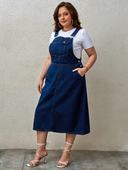 Plus Size Women's Denim Overall Dress with Pockets and Adjustable Straps