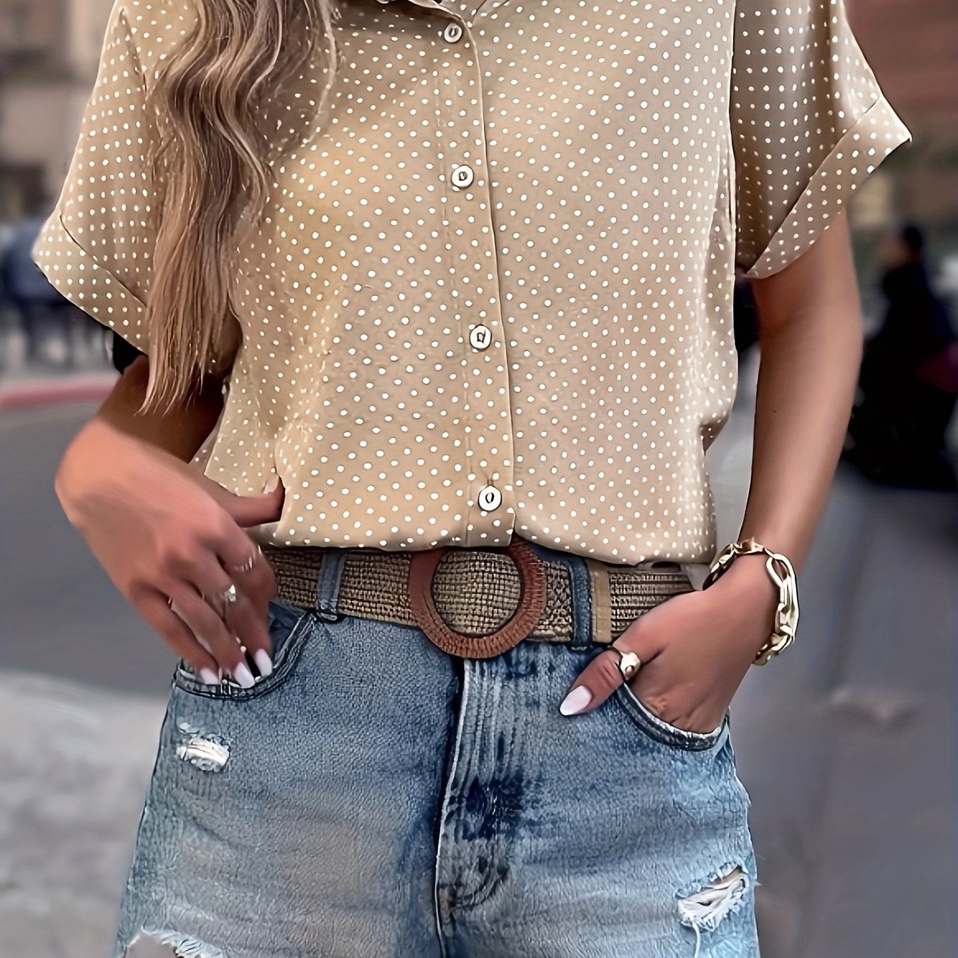 Women's Light Blue Polka Dot Batwing Sleeve Shirt Casual Summer Blouse