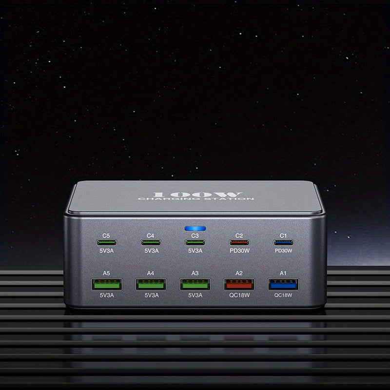 Cargador rápido USB C 100W GaN, concentrador de 10 puertos para iPhone, iPad y dispositivos Samsung