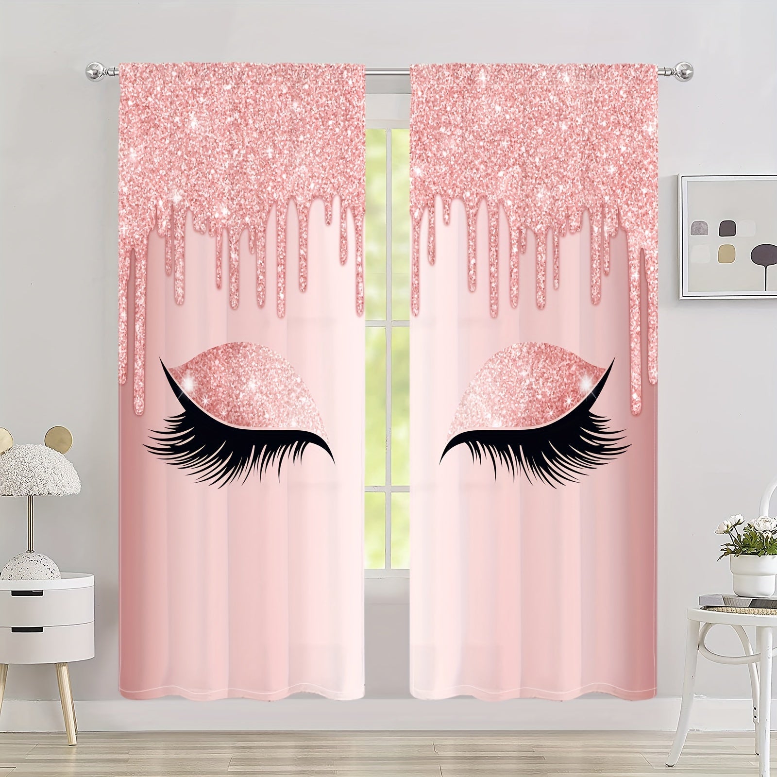 Set of Two Eyelash Printed Curtains, Rod Pocket Window Treatments for Bedroom and Living Room