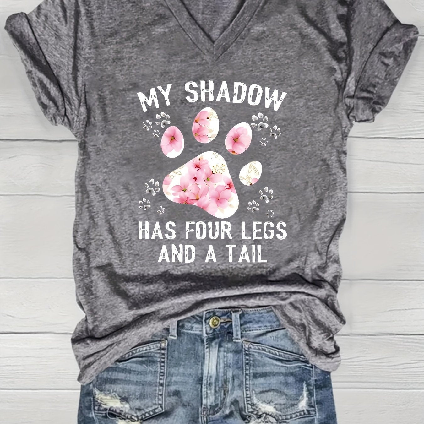 Women's Heather Gray V-Neck Short Sleeve T-Shirt with Graphic Print