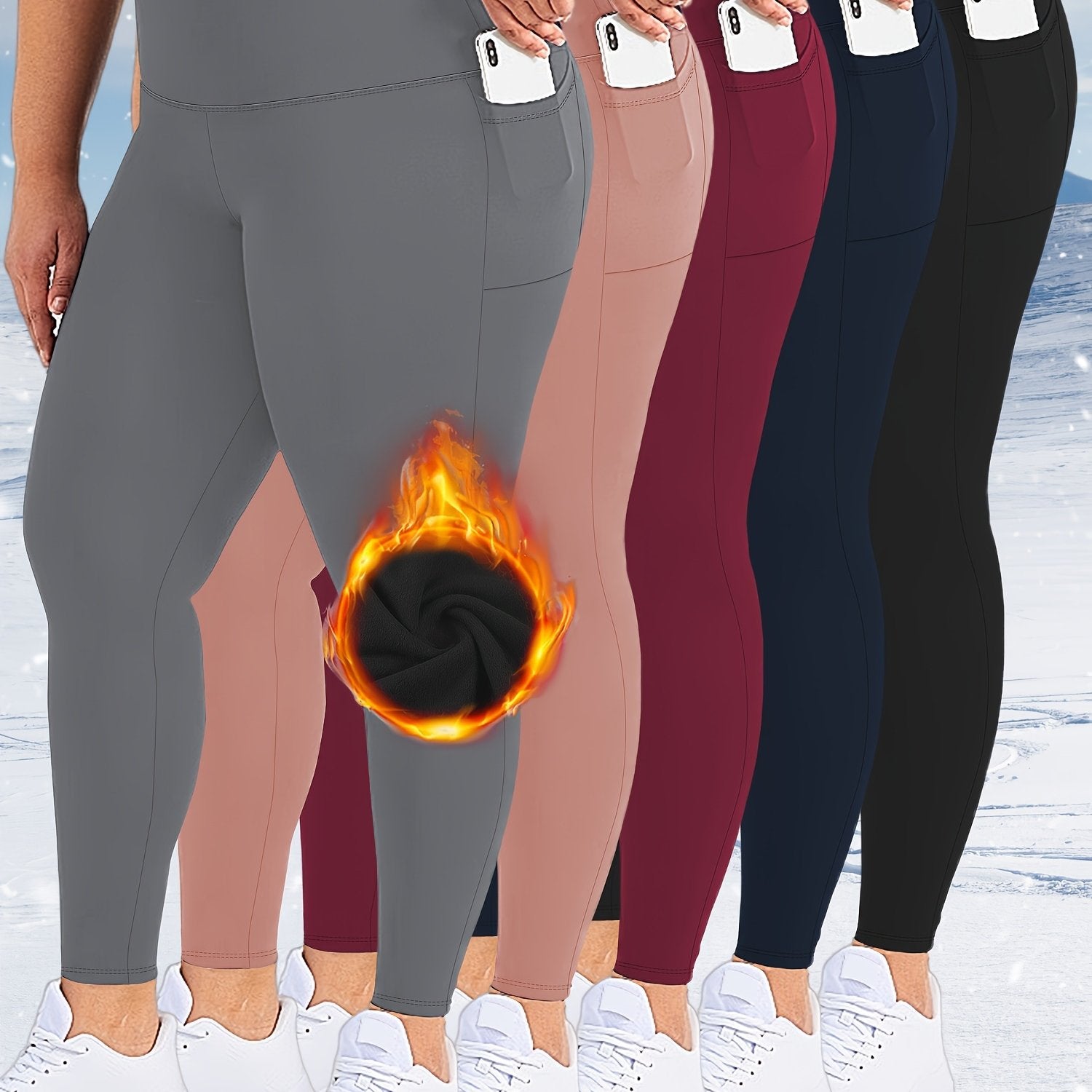 Plus Size Women's Fleece-Lined Leggings with Pockets Thermal Yoga Pants