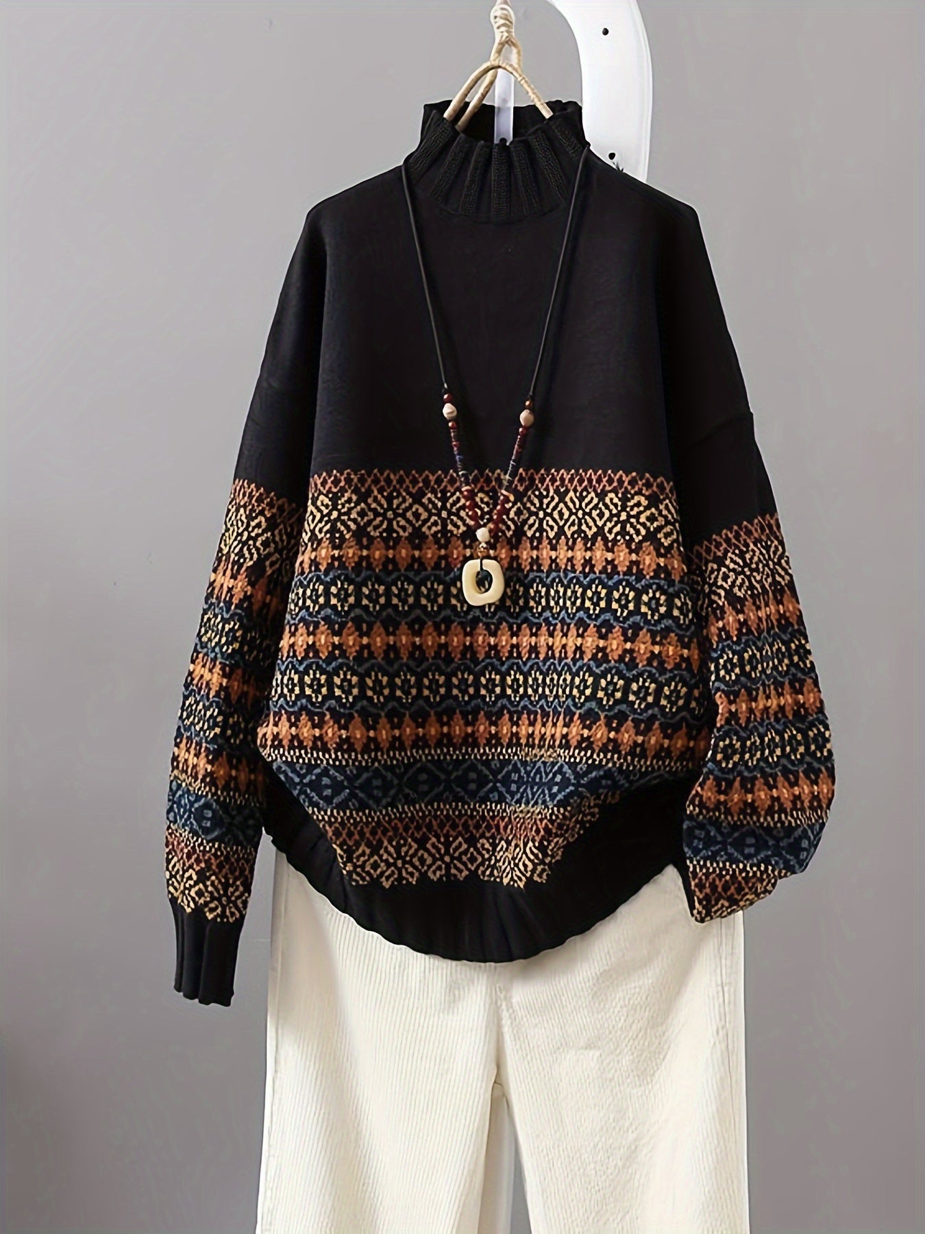 Suéter de talla grande para mujer con patrón geométrico, manga larga, cuello alto y estilo pullover