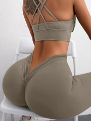 Women's High-Waisted Peach Yoga Pants with Frill Detail, Stretch Knit Fabric