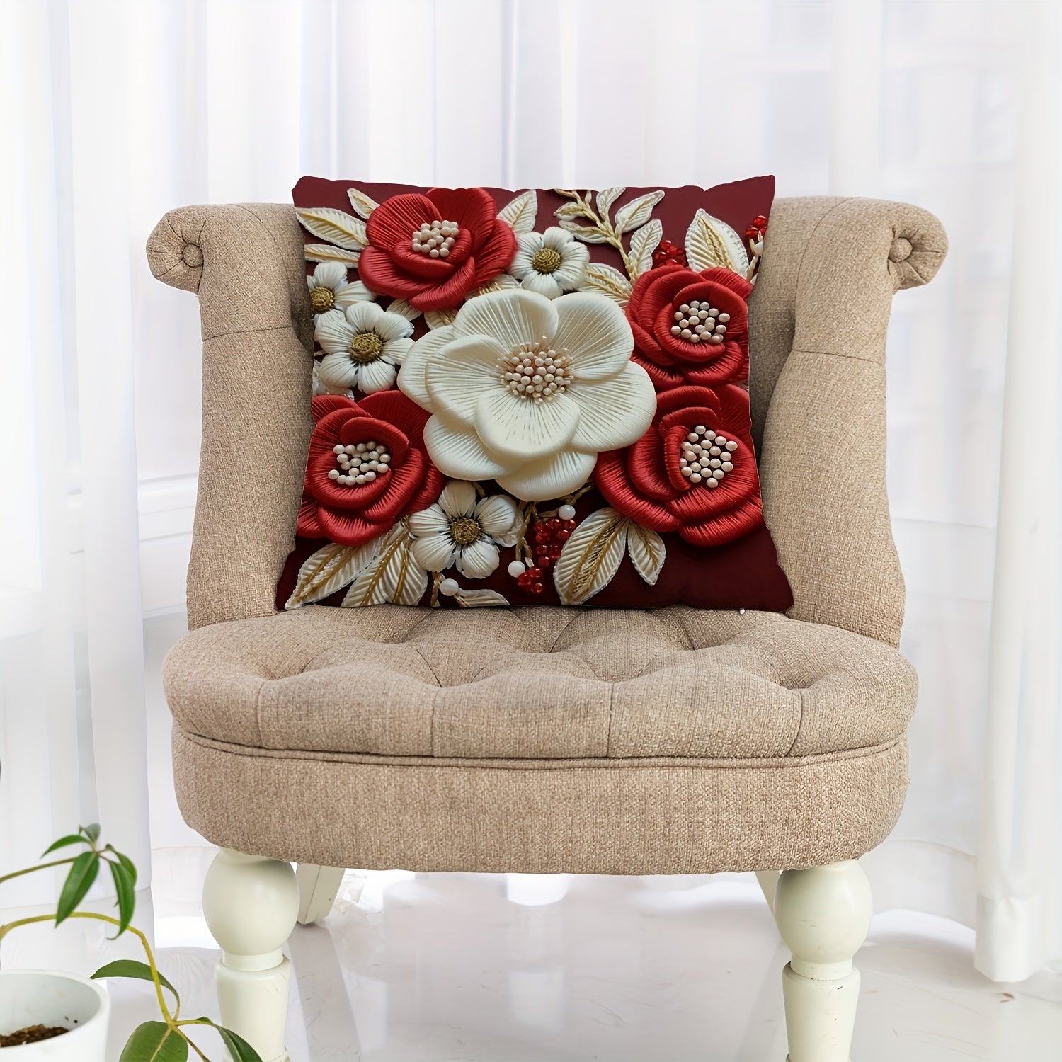 3D Floral Print Plush Throw Pillow Cover Red White 44.96cm x 44.96cm Zip Closure