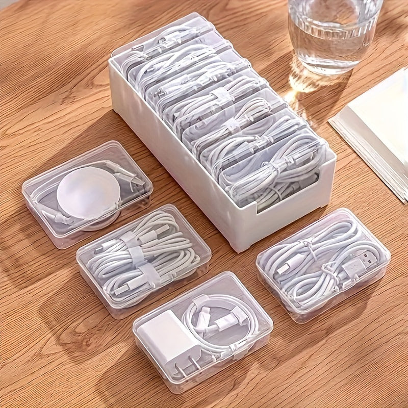 Cable Organizer Set with Large White Box and Seven Small Transparent Boxes for Cables and Chargers