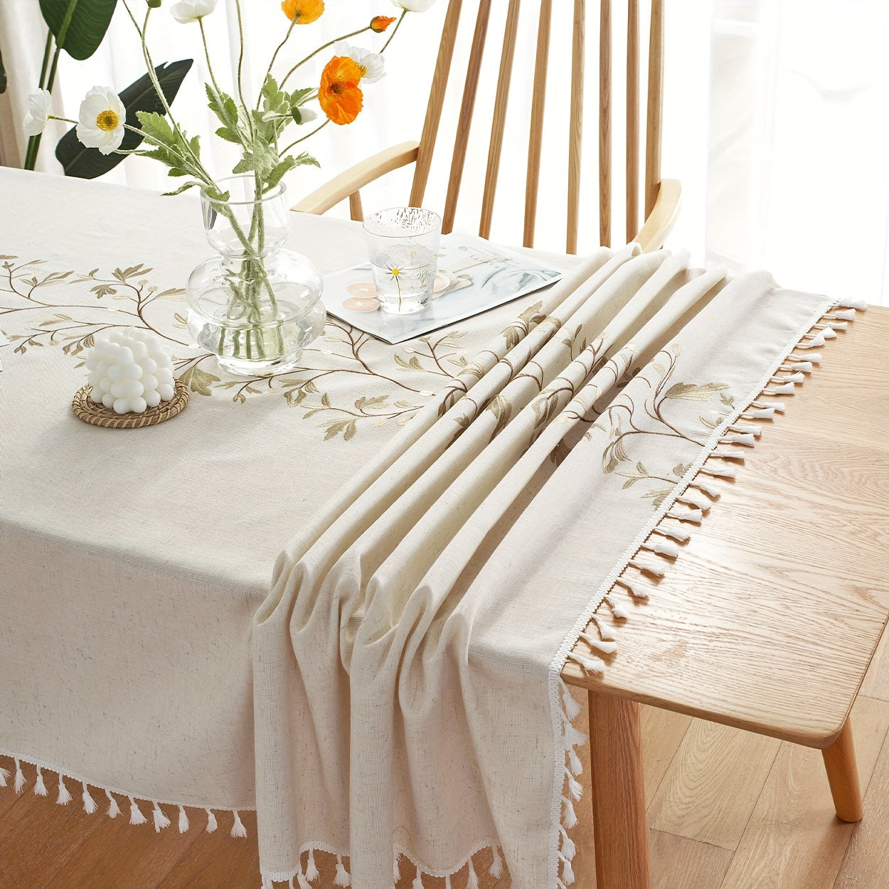 Linen Tablecloth with Feather Embroidery Rectangular Durable Easy to Clean for Weddings Parties and Restaurants