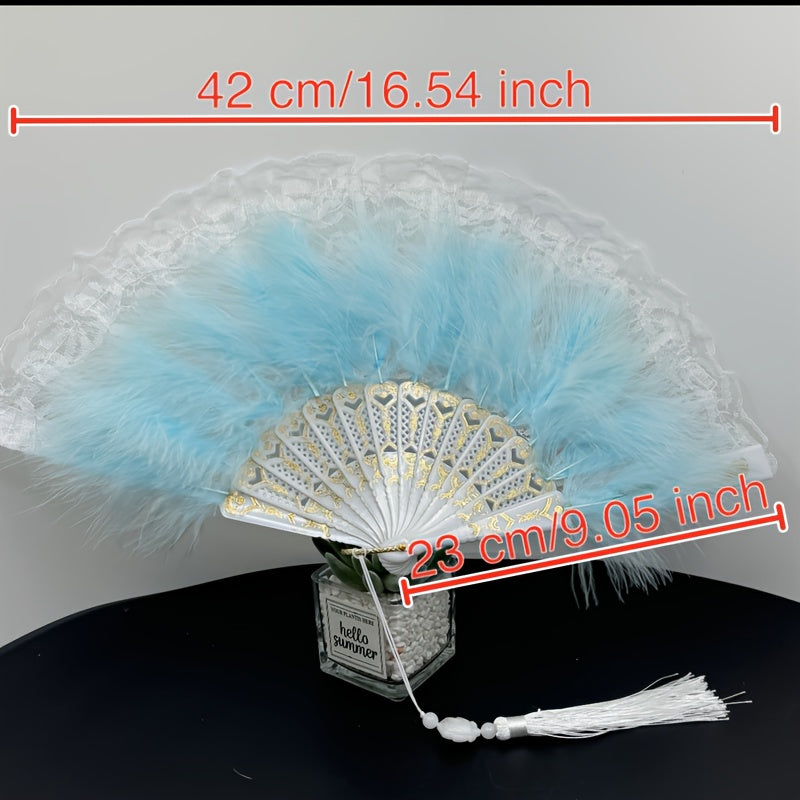 Handcrafted Feather Fan with Lace Edge and Jade Accent for Performances