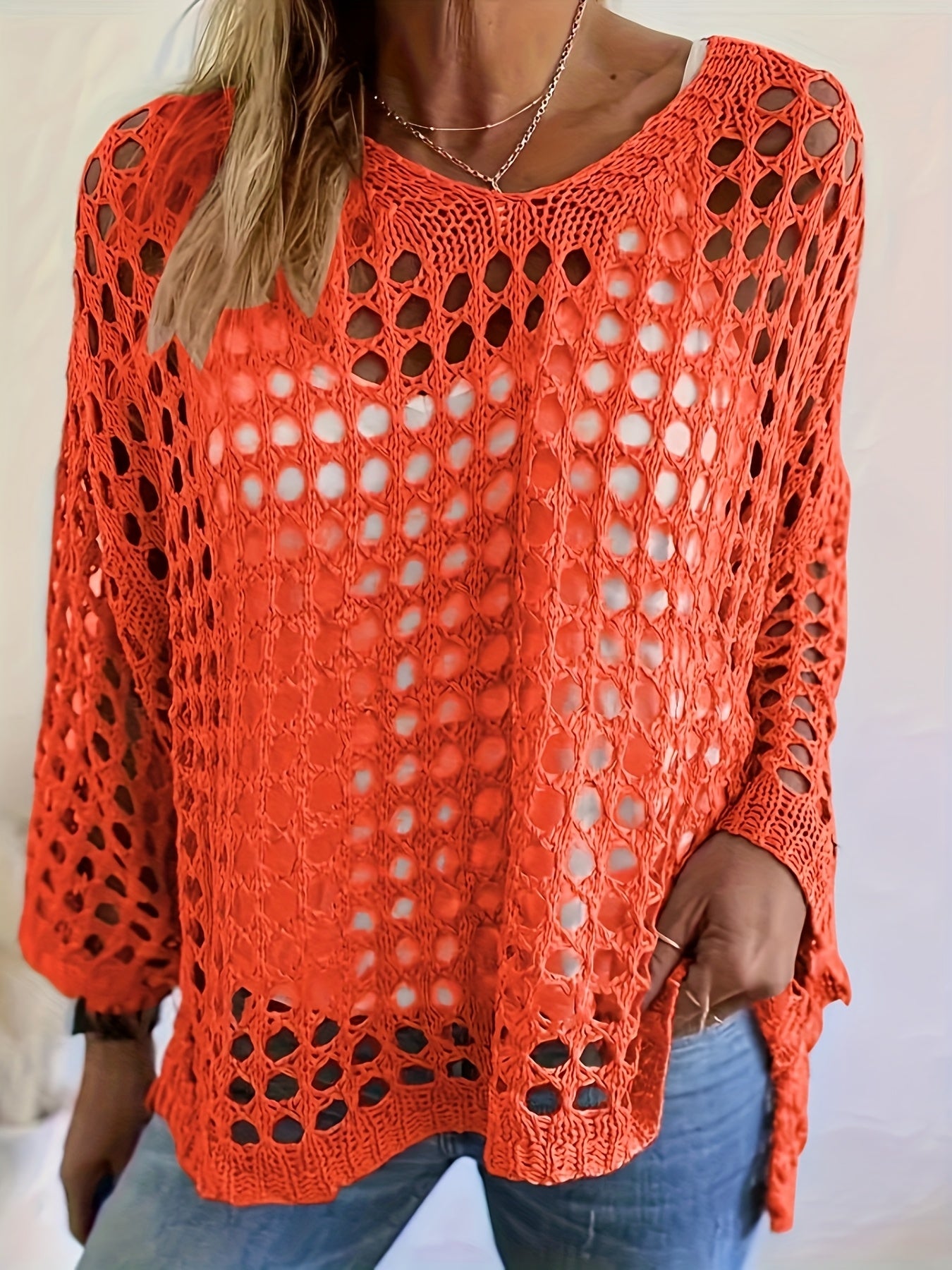 Women's Plus Size Sun-Protective Casual Lace Long Sleeve Top in Vibrant Orange