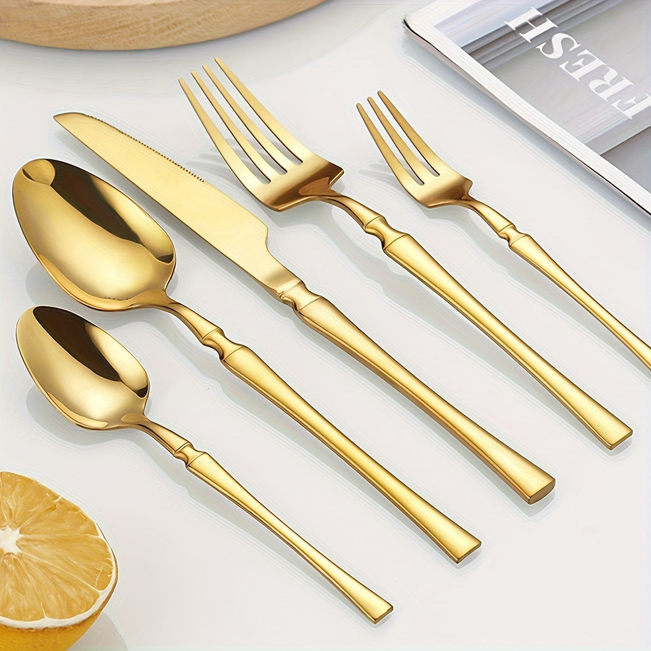 20/30 dona rostlangan po'latdan tayyorlangan stol to'plami, vilkalar, qoshiq, shirinlik qoshiq, meva vilkasi va pichoq, oltin rang, uy, restoran, mehmonxona, to'y, partiyaga mo'ljallangan