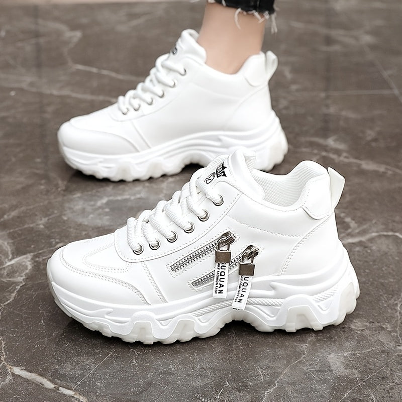 Women's White Platform Sneakers with Cushioned Sole and Chunky Design