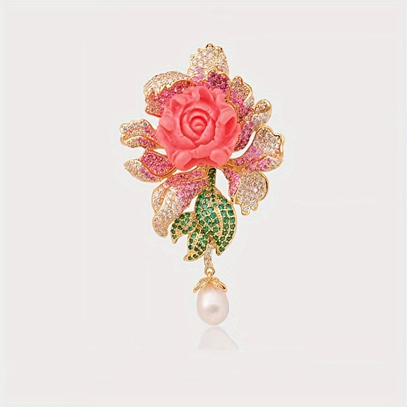 Брошь с пионовыми цветами, имитационными жемчужинами и стразами для украшения чонсам, ханфу, пальто